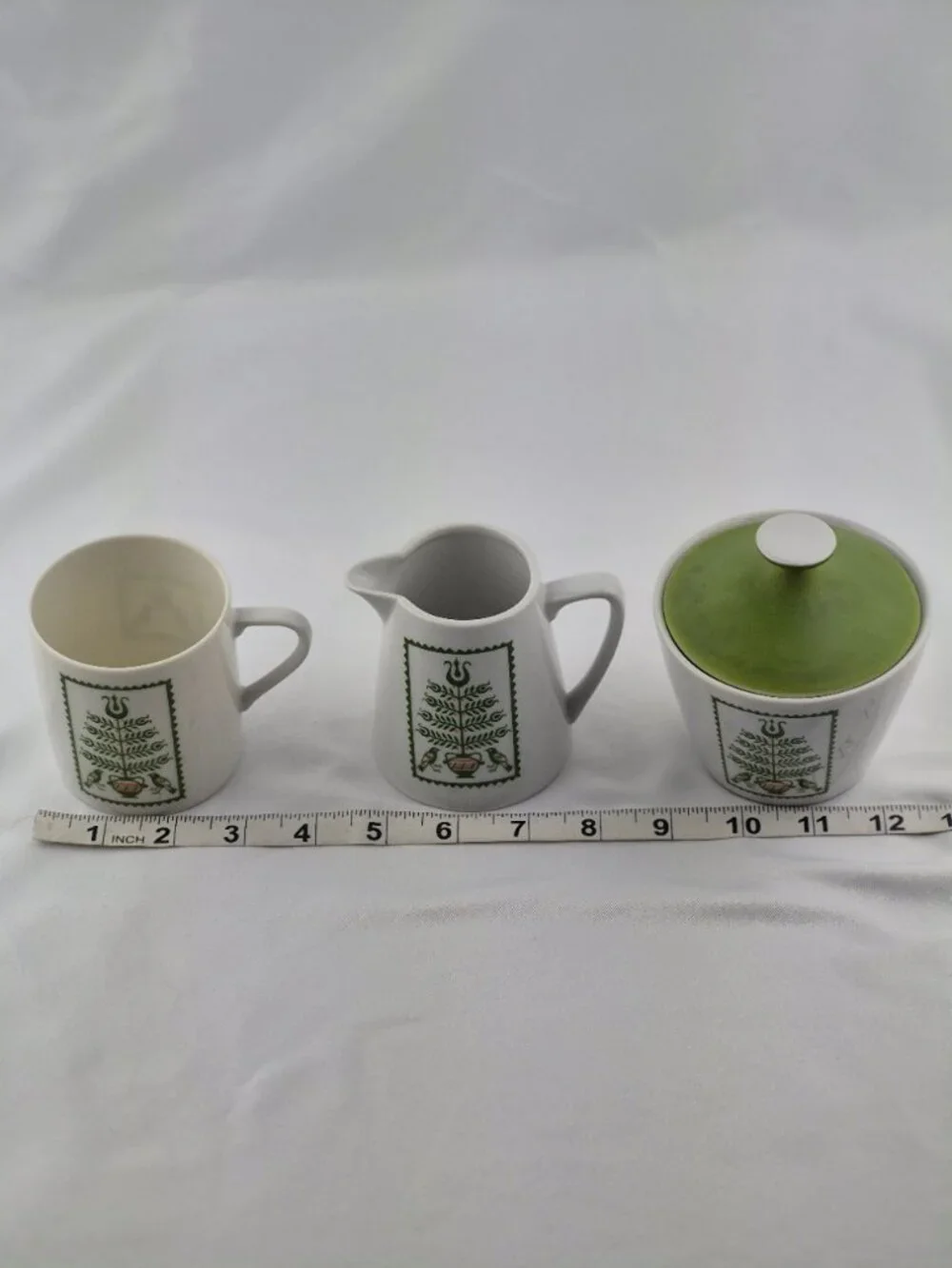 MCM Matte By Summit Coffee Set 5 Mugs, Sugar & Creamer w Lid Avacado Green Birds